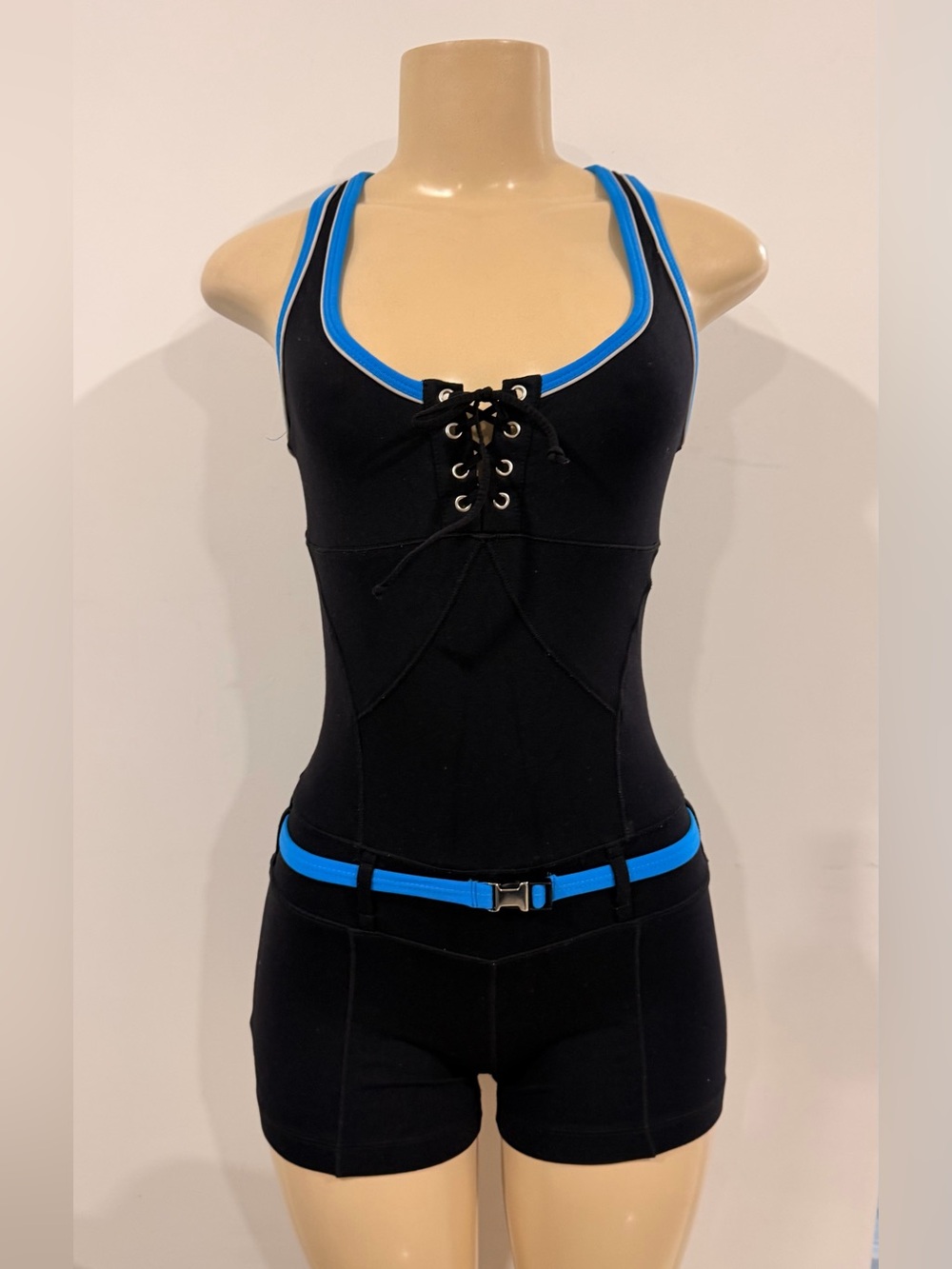 bebe Black One-Piece Swim with Electric Blue Trim and Belt